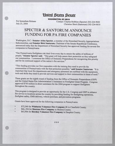 Specter and Santorum announce funding for Pennsylvania fire companies