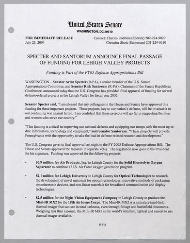 Specter and Santorum announce final passage of funding for Lehigh Valley projects