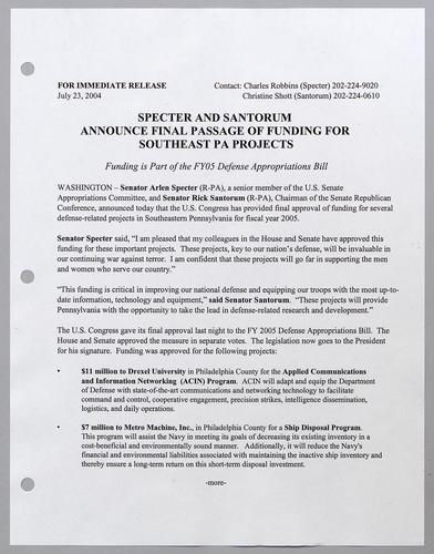 Specter and Santorum announce final passage of funding for southeast Pennsylvania projects