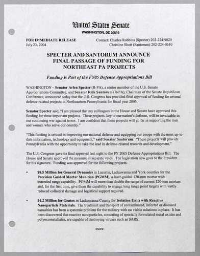 Specter and Santorum announce final passage of funding for northeast Pennsylvania projects