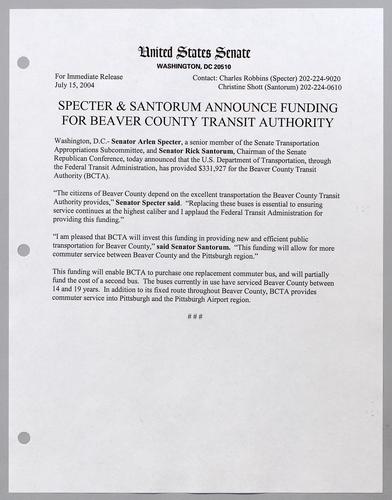 Specter and Santorum announce funding for Beaver County Transit Authority
