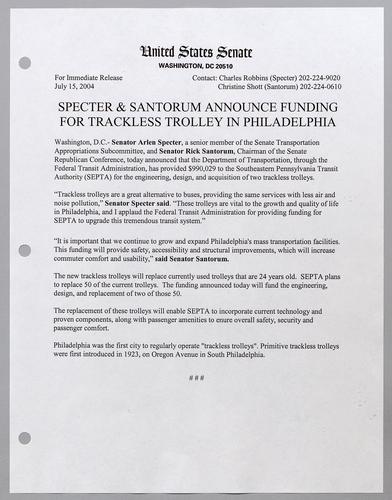 Specter and Santorum announce funding for trackless trolley in Philadelphia