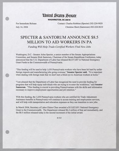 Specter and Santorum announce $8.5 million to aid workers in Pennsylvania