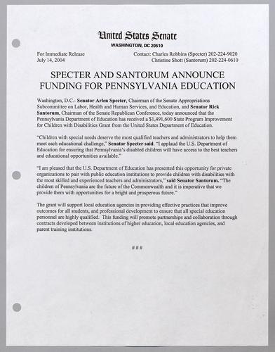 Specter and Santorum announce funding for education
