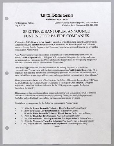 Specter and Santorum announce funding for Pennsylvania fire companies