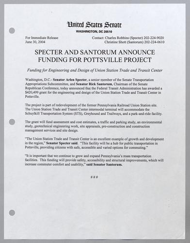 Specter and Santorum announce funding for Pottsville project