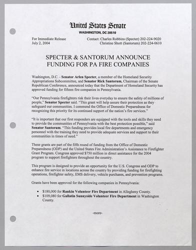 Specter and Santorum announce funding for Pennsylvania fire companies