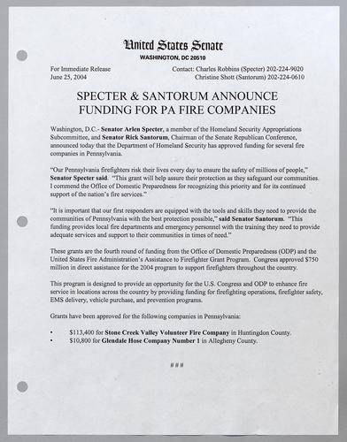 Specter and Santorum announce funding for Pennsylvania fire companies