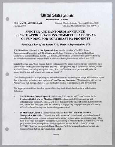 Specter and Santorum announce Senate Appropriations Committee approval of funding for northeast Pennsylvania projects