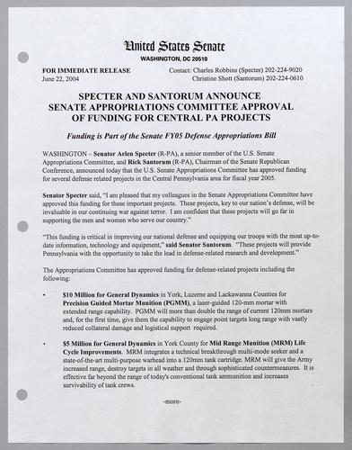 Specter and Santorum announce Senate Appropriations Committee approval of funding for central Pennsylvania projects
