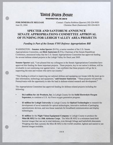 Specter and Santorum announce Senate appropriations committee approval of funding for Lehigh Valley area projects