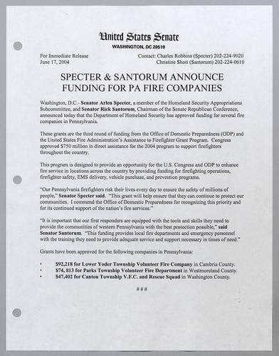 Specter and Santorum announce funding for Pennsylvania fire companies