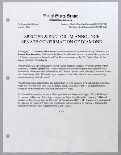 Specter and Santorum announce Senate confirmation of Diamond
