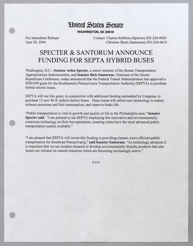 Specter and Santorum announce funding for SEPTA hybrid buses