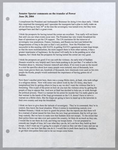 Senator Specter comments on the transfer of power