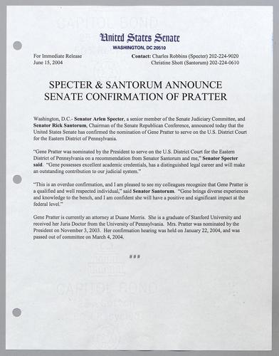 Specter and Santorum announce Senate confirmation of Pratter