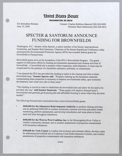 Specter and Santorum announce funding for brownfields