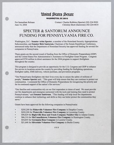 Specter and Santorum announce funding for Pennsylvania fire company