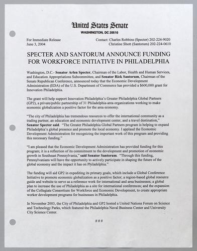Specter and Santorum announce funding for workforce initiative in Philadelphia