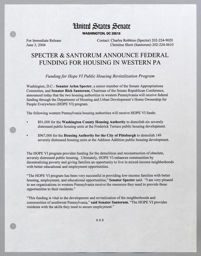 Specter and Santorum announce federal funding for housing in western Pennsylvania