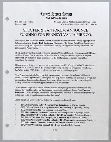 Specter and Santorum announce funding for Pennsylvania fire company