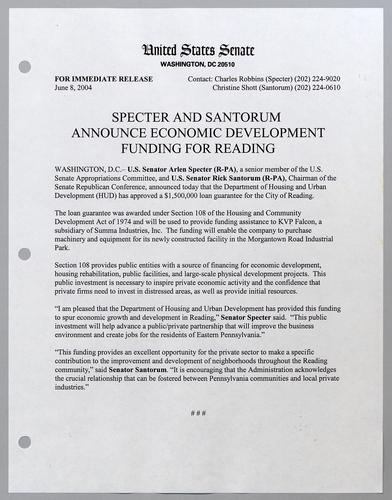 Specter and Santorum announce economic development funding for Reading