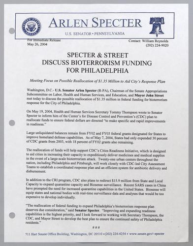 Specter and Street discus bioterrorism funding for Philadelphia