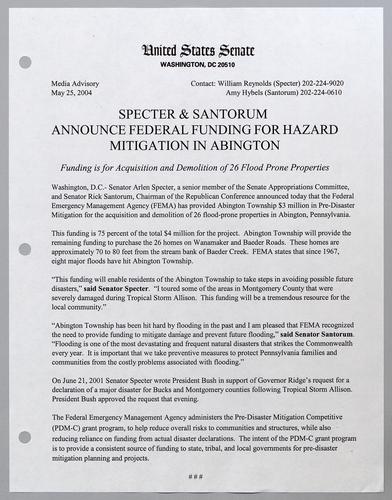 Specter and Santorum announce federal funding for hazard mitigation in Abington