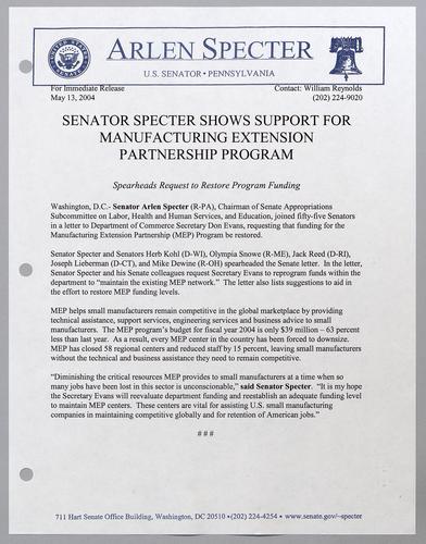 Senator Specter shows support for manufacturing extension partnership program