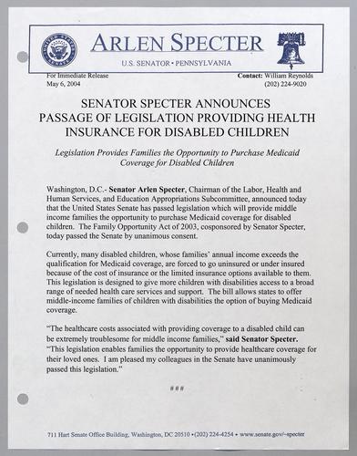 Senator Specter announces passage of legislation providing health insurance for disabled children