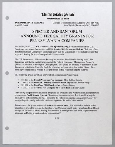 Specter and Santorum announce fire safety grants for Pennsylvania companies
