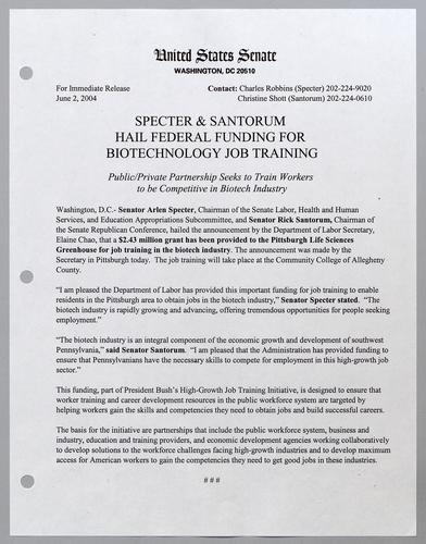 Specter and Santorum hail federal funding for biotechnology job training