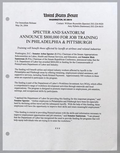 Specter and Santorum announce $800,000 for job training in Philadelphia and Pittsburgh
