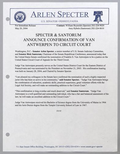 Specter and Santorum announce confirmation of Van Antwerpen to circuit court