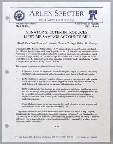 Senator Specter introduces lifetime savings accounts bill