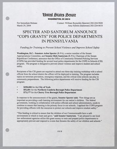 Specter and Santorum announce "COPS grants" for police departments in Pennsylvania