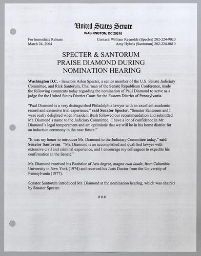 Specter and Santorum praise Diamond during nomination hearing