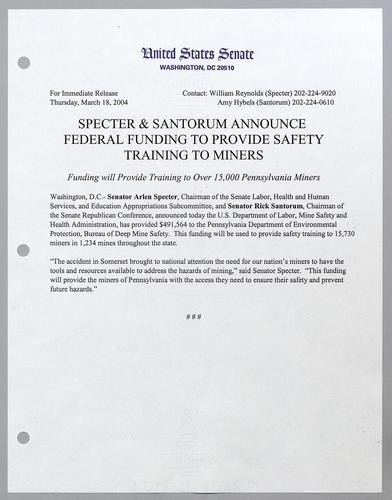 Specter and Santorum announce federal funding to provide safety training to miners