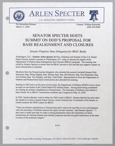 Senator Specter hosts summit on DOD's proposal for base realignment and closures