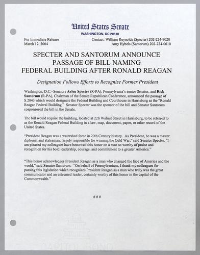 Specter and Santorum announce passage of bill naming federal building after Ronald Reagan