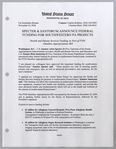 Specter and Santorum announce federal funding for southwestern Pennsylvania projects