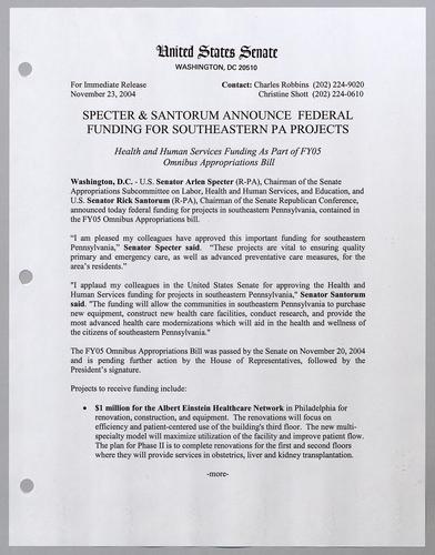 Specter and Santorum announce federal funding for southeastern Pennsylvania projects