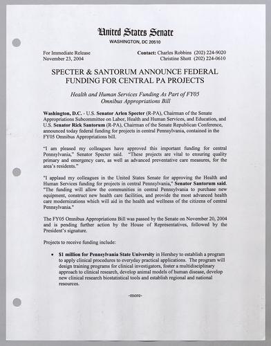 Specter and Santorum announce federal funding for central Pennsylvania projects