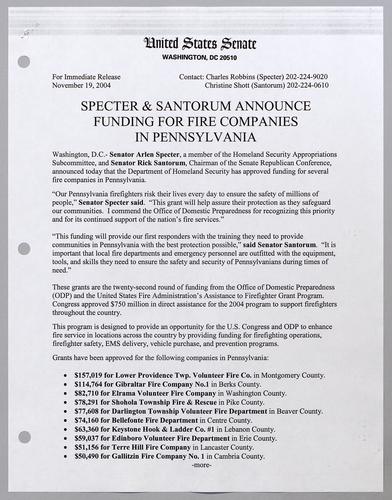Specter and Santorum announce funding for fire companies in Pennsylvania
