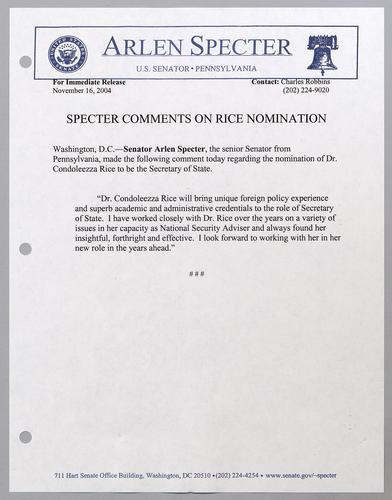 Specter comments on Rice nomination