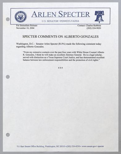 Specter comments on Alberto Gonzales