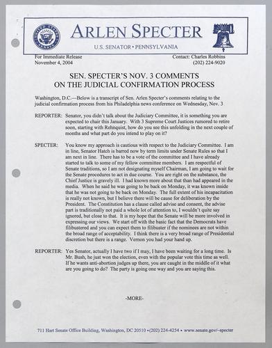 Senator Specter's November 3 comments on the judicial confirmation process