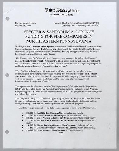 Specter and Santorum announce funding for fire companies in northeastern Pennsylvania