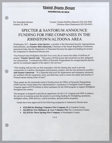 Specter and Santorum announce funding for fire companies in the Johnstown/Altoona area