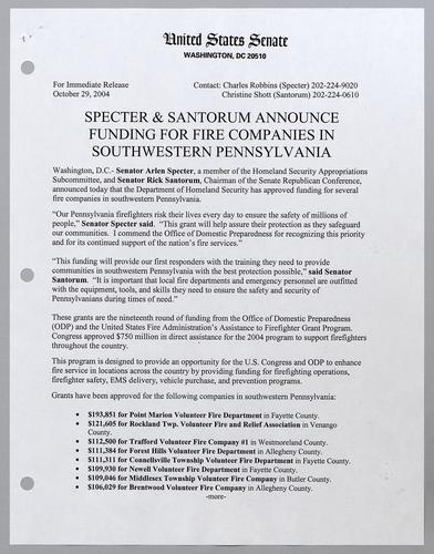 Specter and Santorum announce funding for fire companies in southwestern Pennsylvania